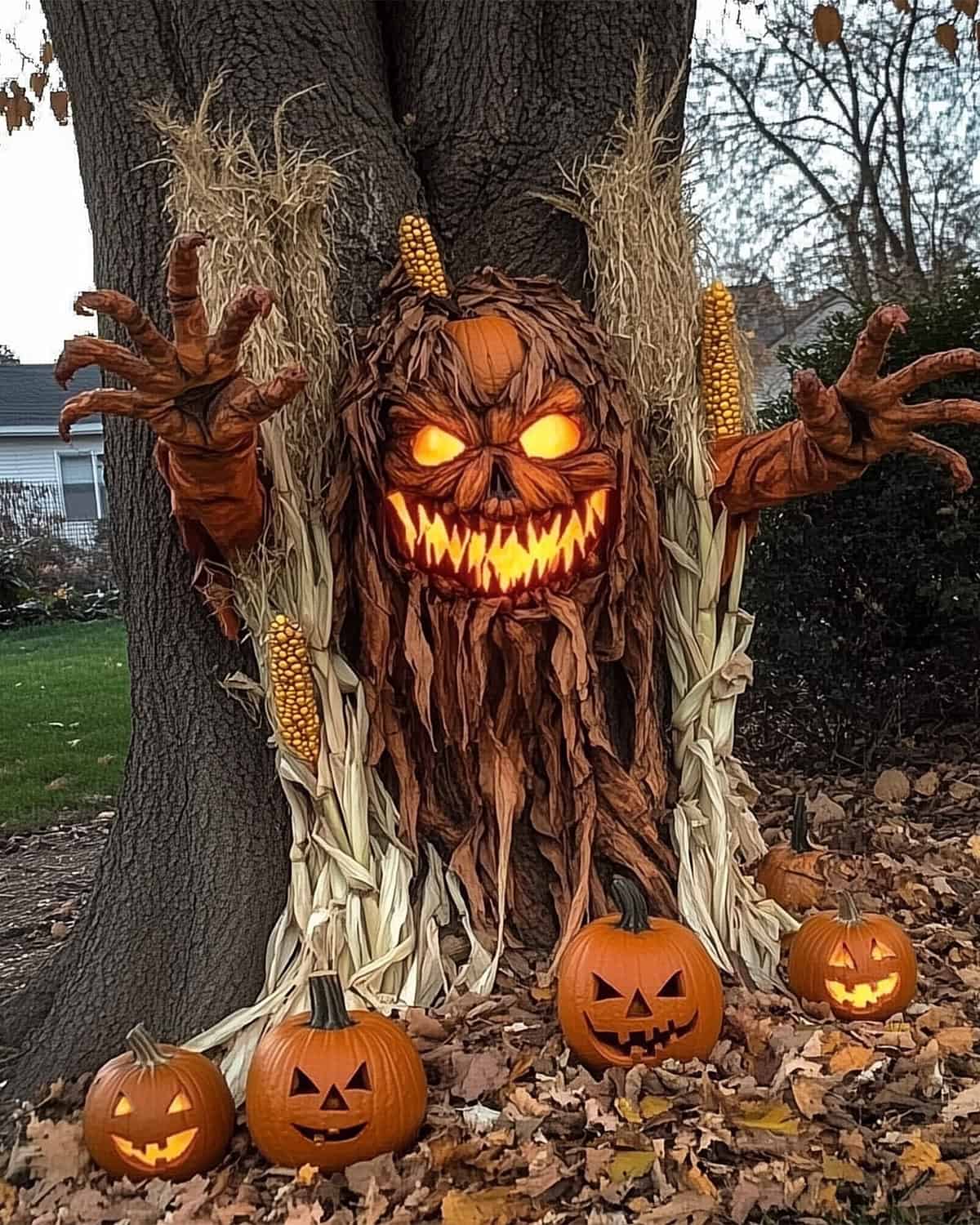 LED pumpkin face on tree trunk surrounded by seasonal items like corn stalks, jack-o-lanterns, and fall leaves.