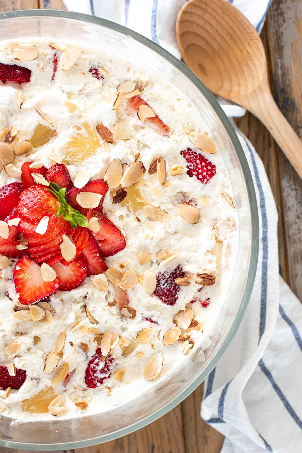 Top down view of Southern Punch Bowl Cake in a trifle bowl.