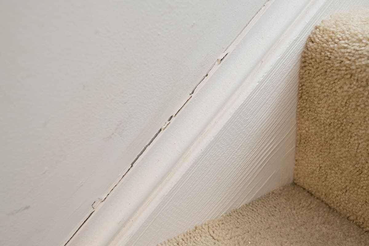 Damaged and cracked baseboard on bottom of white wall in carpeted stairwell.