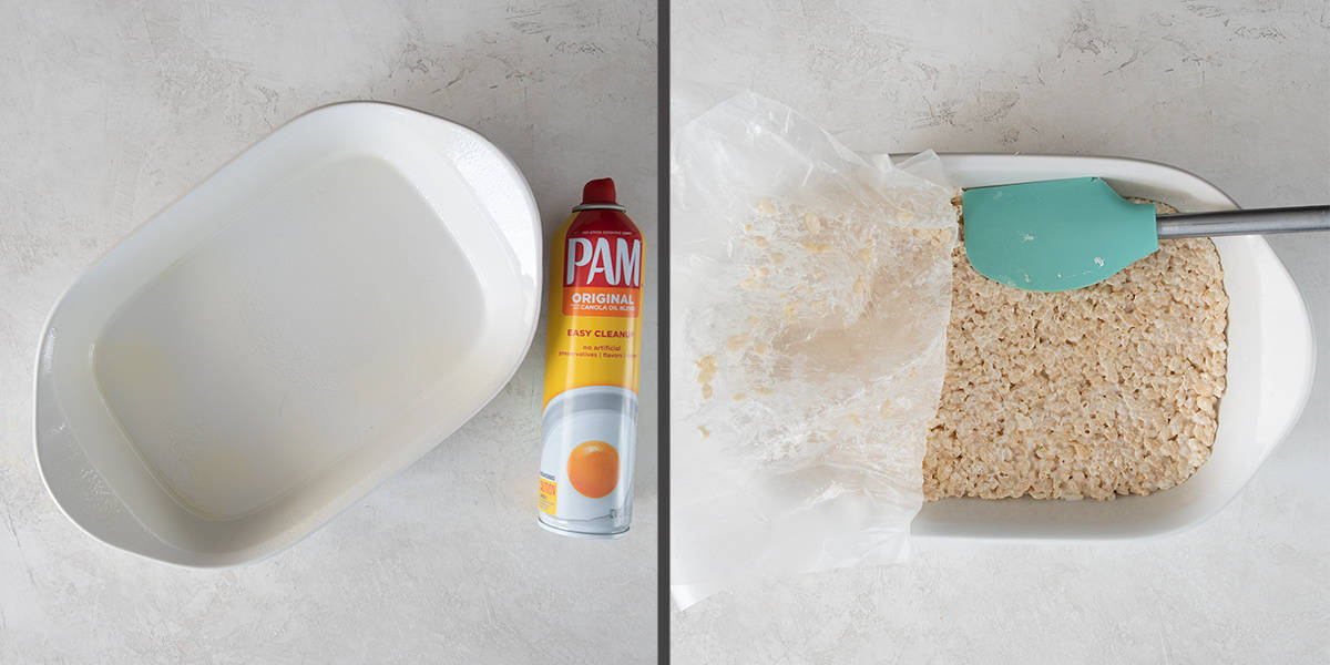 Collage of steps to make rice krispies treats including cooking spray and the best way to press the rice krispies into a pan.