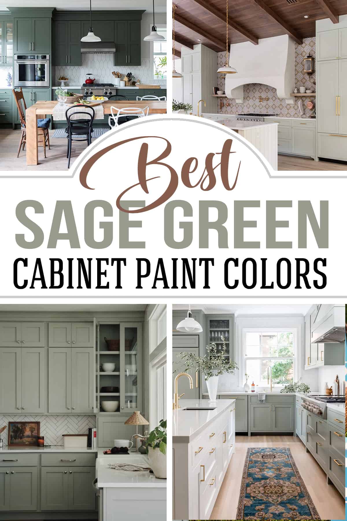 Collage of sage green kitchen cabinets in varying shades with post title overlay.