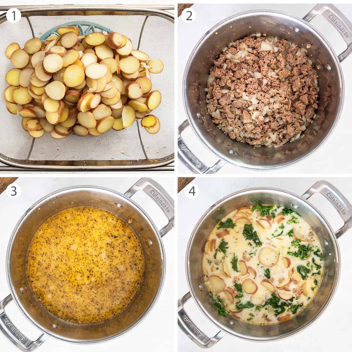 Collage of steps to make sausage kale soup including boiling potatoes, making the broth, and putting it together.