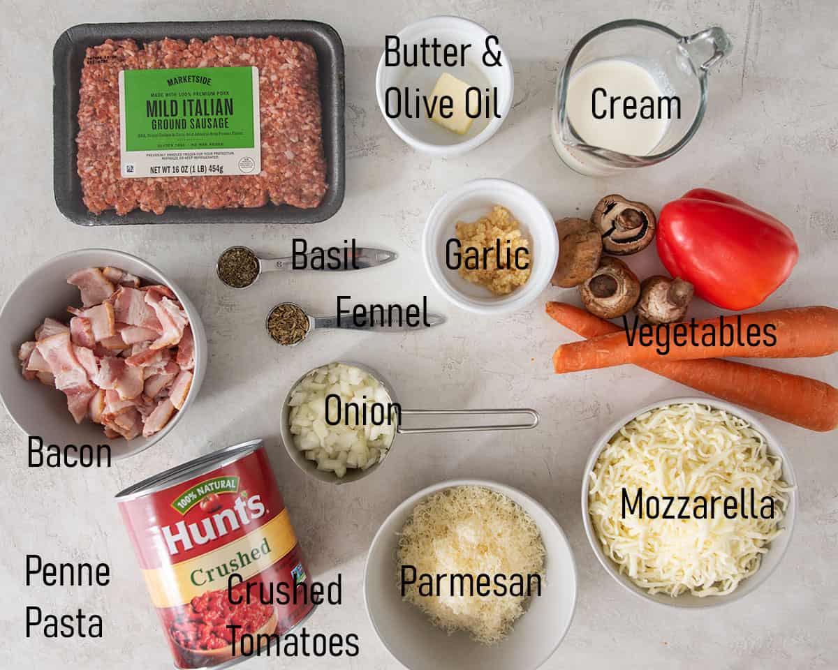 Ingredients to make sausage penne pasta laid out on a table with text labels.