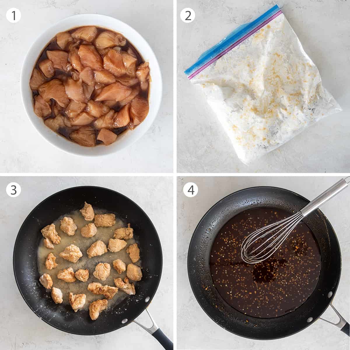 Collage of steps to pan fry chicken and make an Asian sauce.