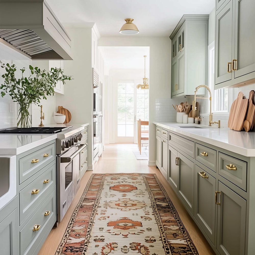 Bright white kitchen with sage green color cabinets and gold hardware.