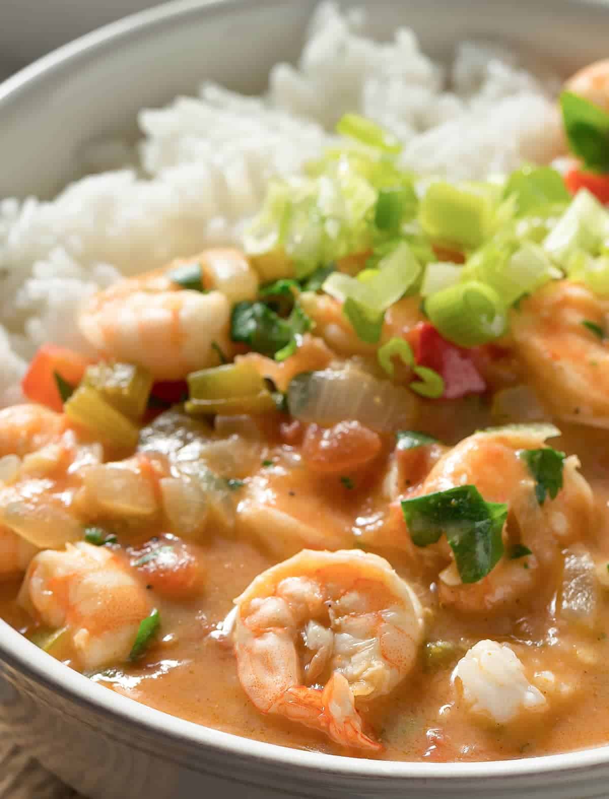 Bowl full of delicious cajun shrimp etouffee with flavorful broth over white rice, garnished with sliced green onions.