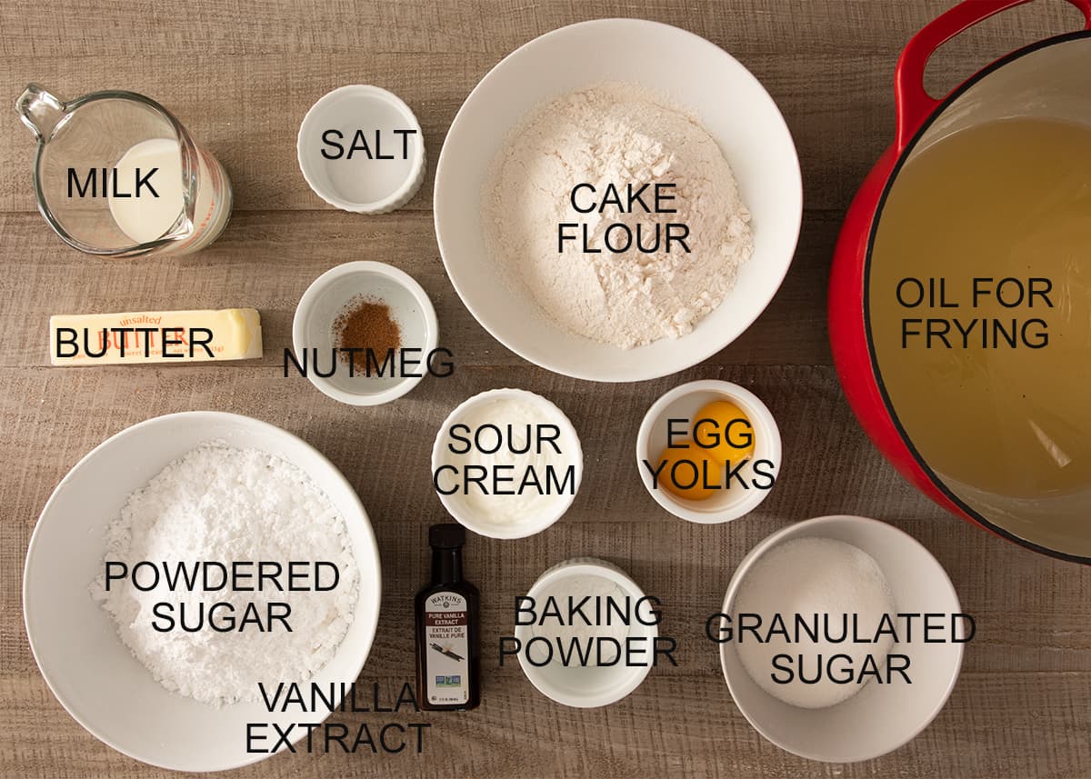 Ingredients for sour cream doughnuts with text labels.
