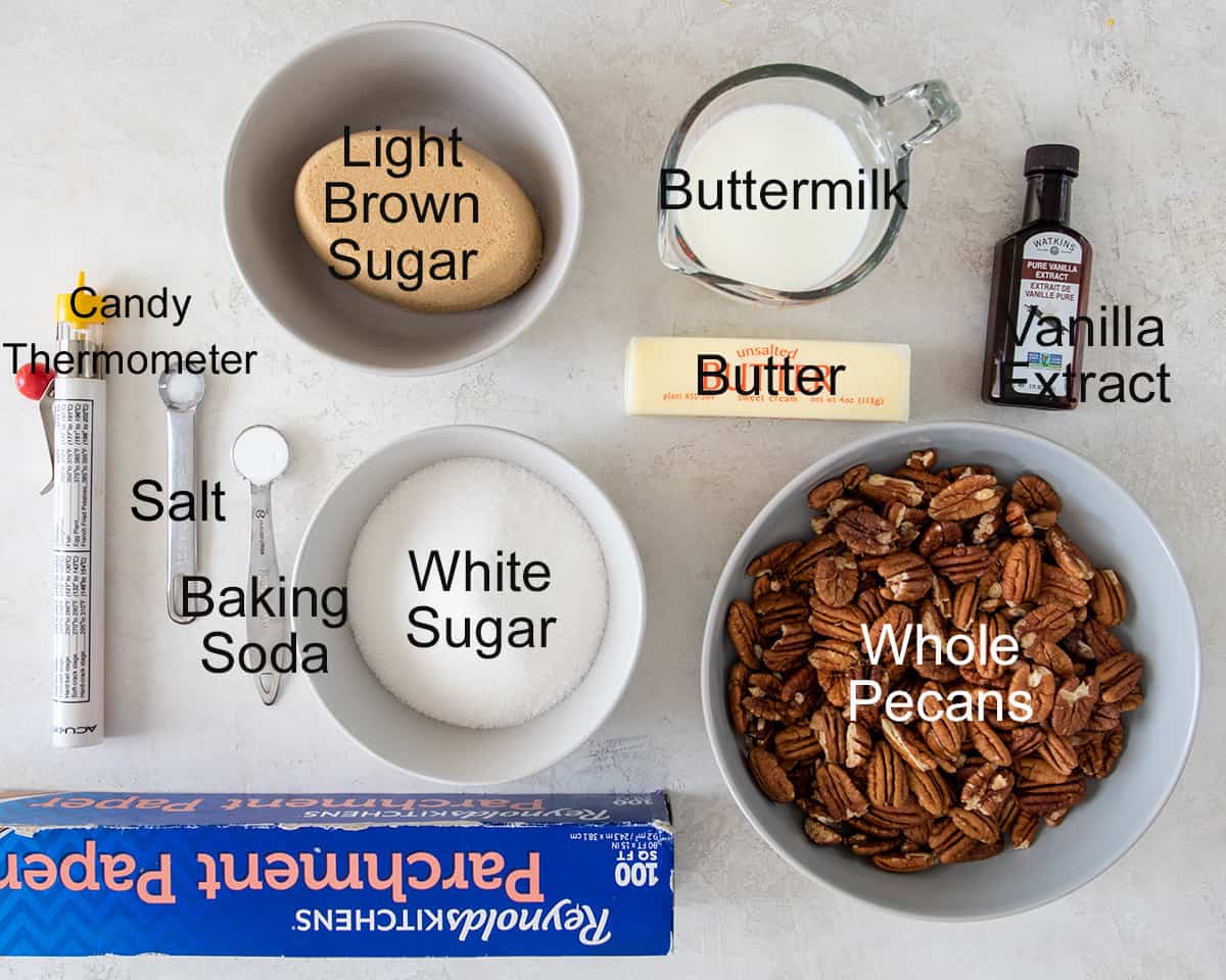Ingredients for pralines with text labels.
