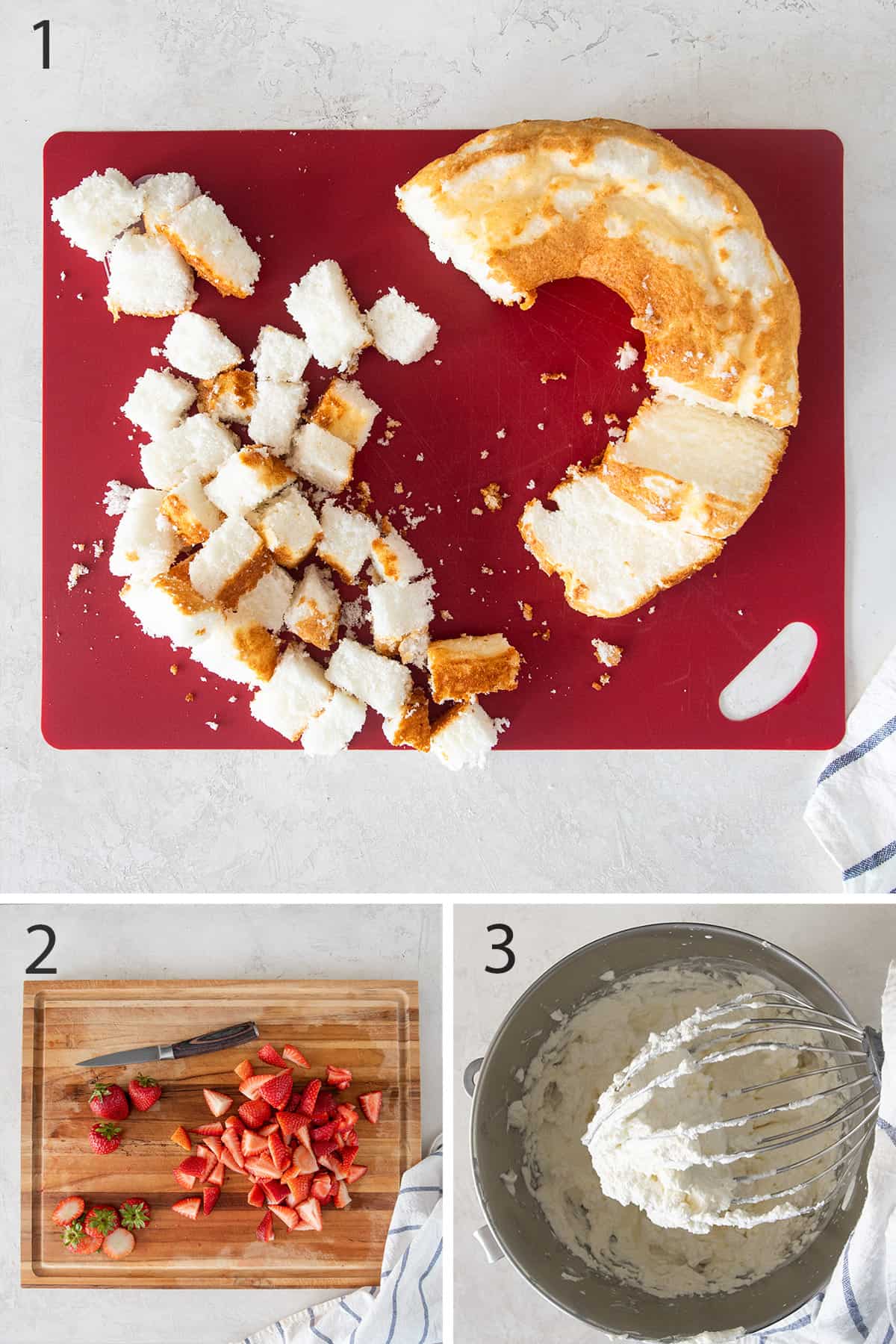 Collage of steps to make a whip cream cake including cutting the cake and fruit, and finished whip cream.