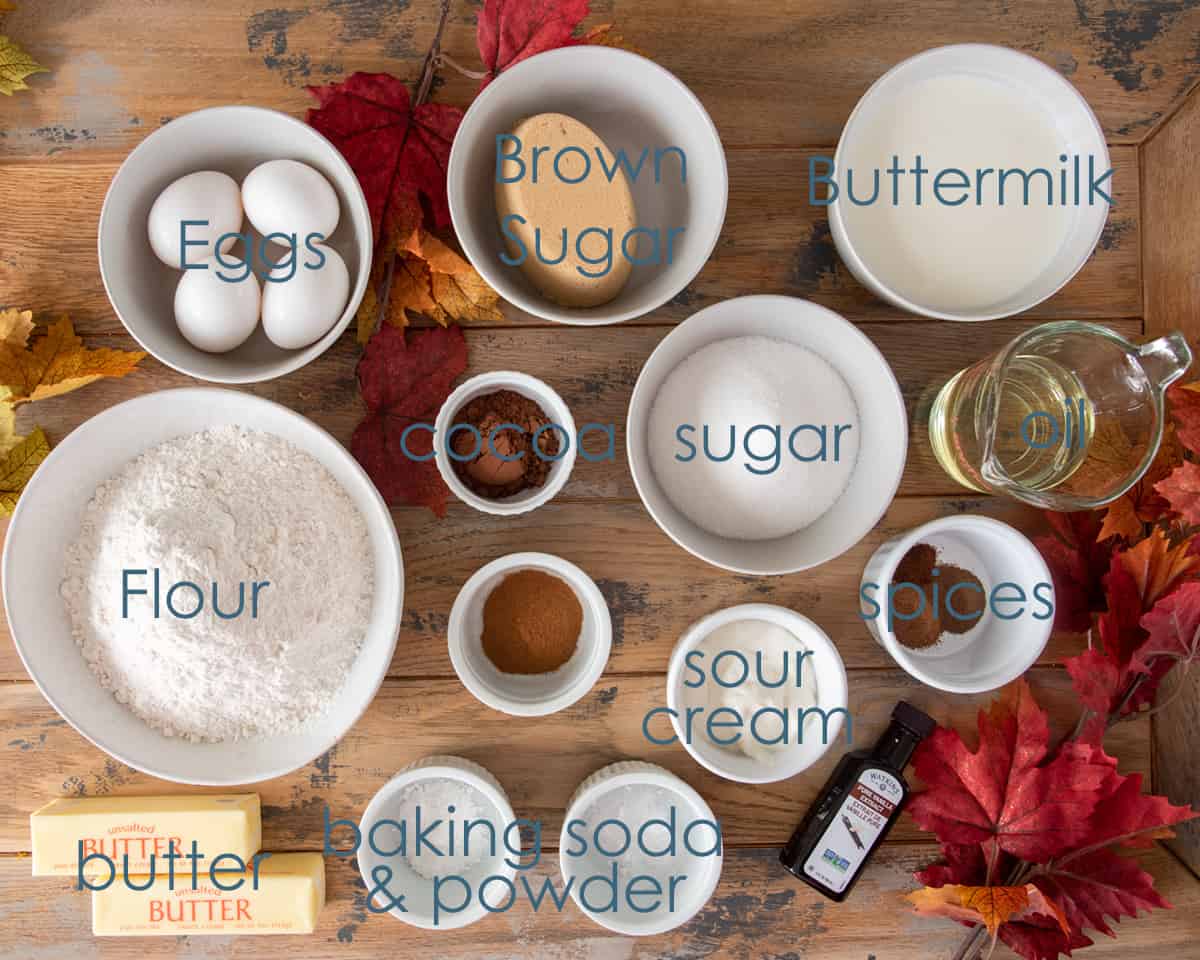Ingredients for spice cake recipe laid out on a table with text labels.