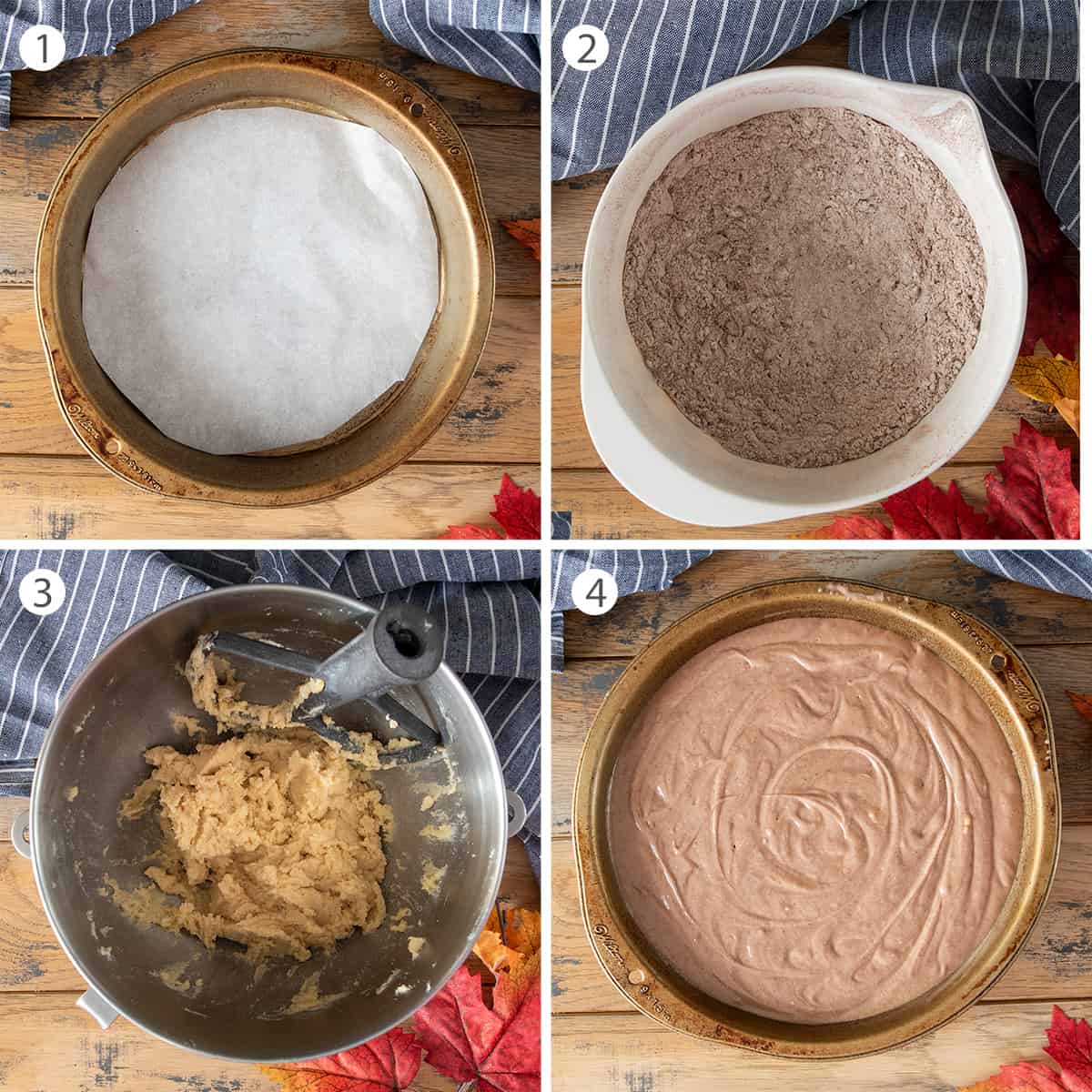 Steps to making a spice cake including mixing the batter, lining the baking pan, and pouring the cake.