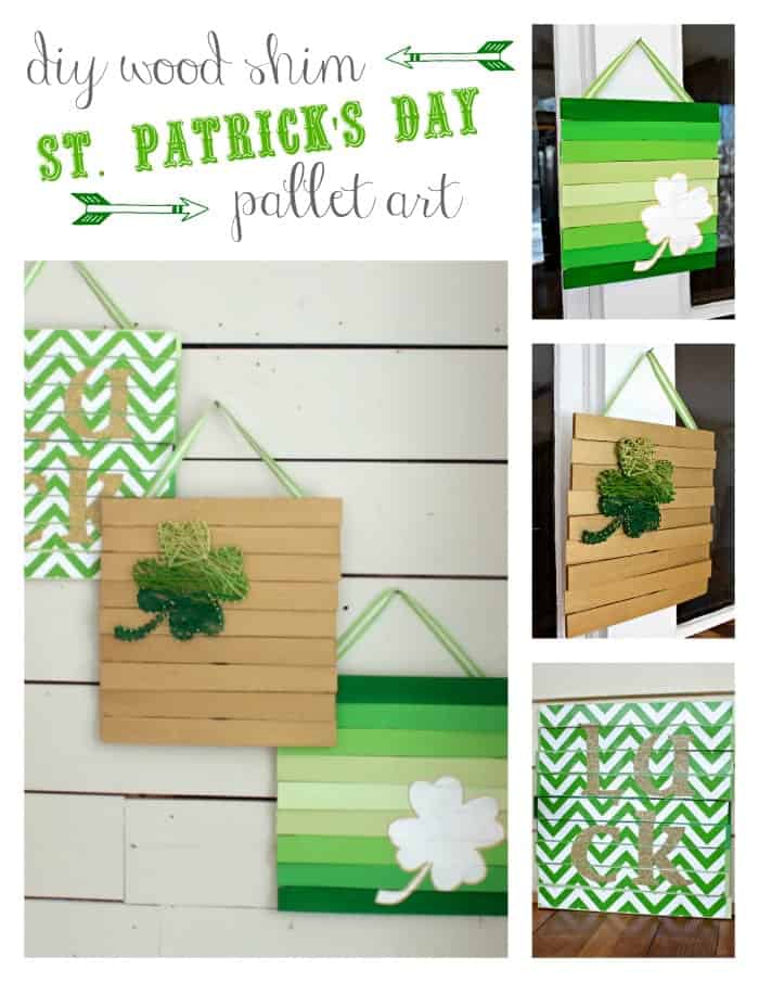 Hanging pallet art painted green and white with stripes, chevron designs, and shamrocks hanging from white plank wall.