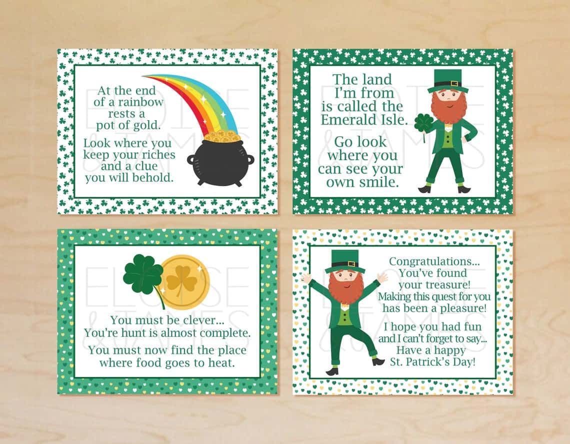 Cards for a Leprechaun scavenger hunt idea for kids.