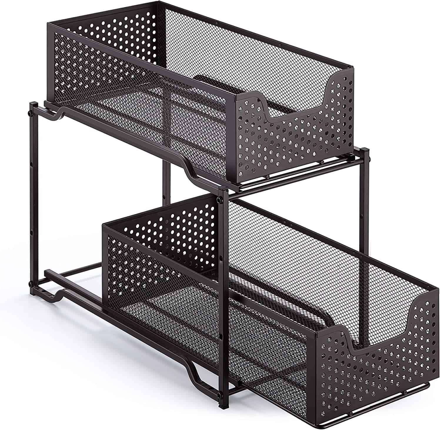 Black stackable drawers large enough to fit soup cans.