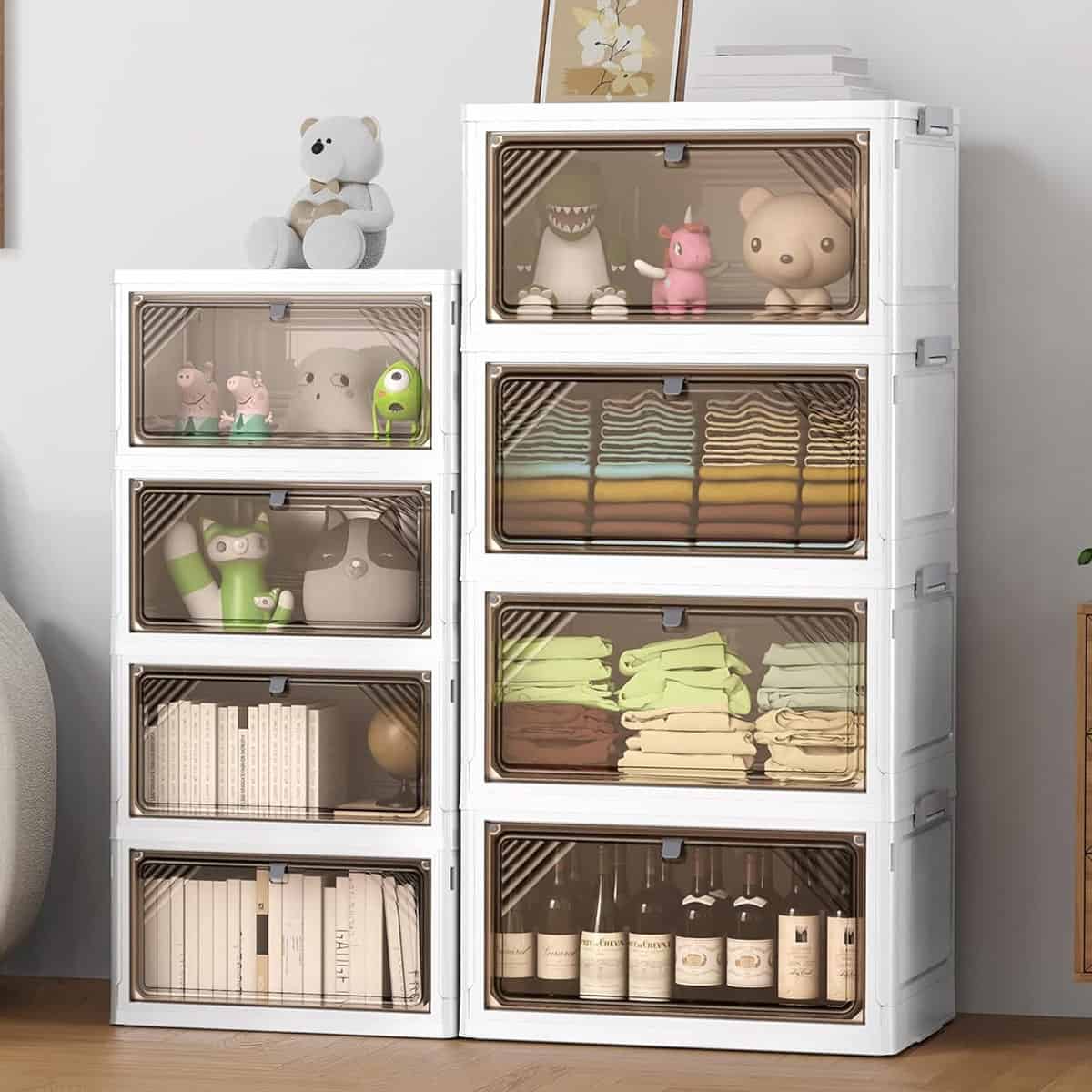 An organized dresser with see through windows to show toys and other items inside.