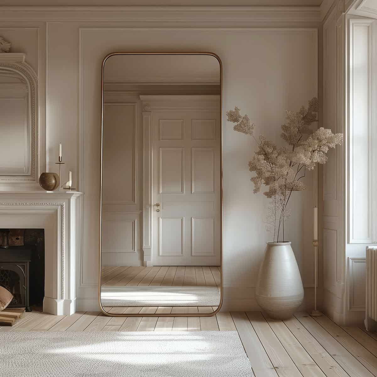 Large standing gilded frame modern mirror in living room space featuring muted neutral decor.