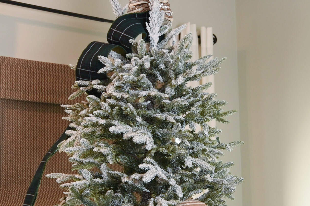 The top of a flocked tree with tartan green ribbon started to show bouncy loops.