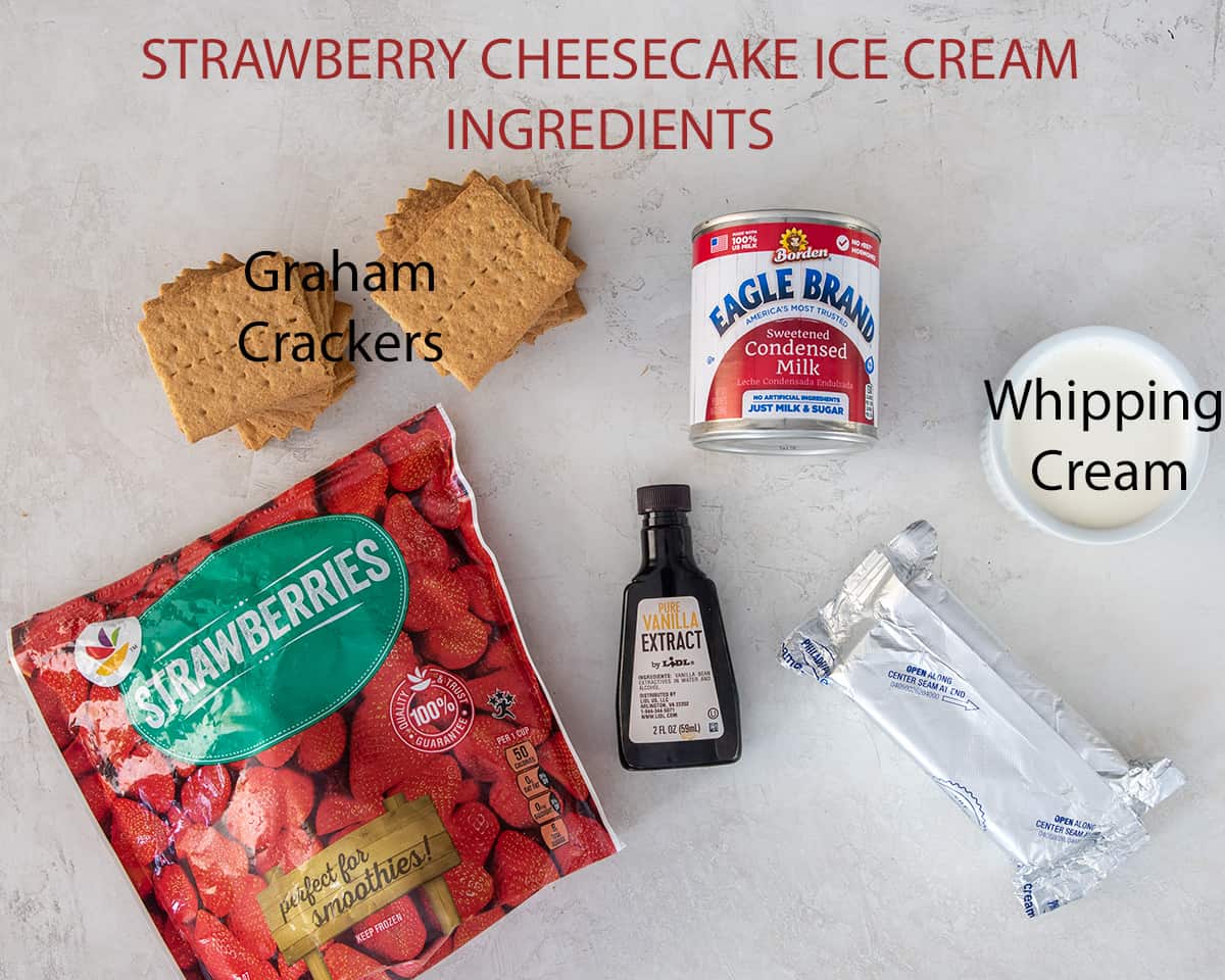 Ingredients for Strawberry Cheesecake Ice Cream with text labels.