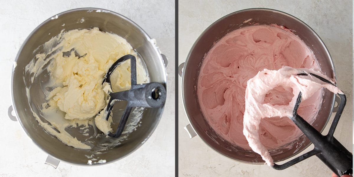Side by side picture of mixing bowls full of Cream Cheese frosting and then with Strawberry Cream Cheese frosting.