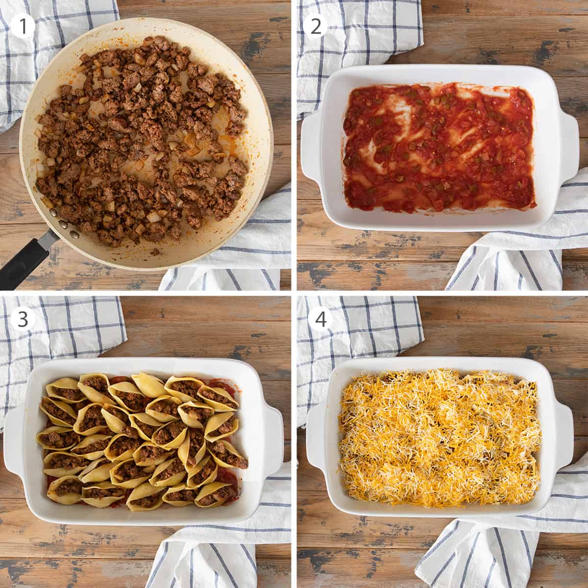 Steps for making taco stuffed shells including cooking the beef and layering in a casserole dish.