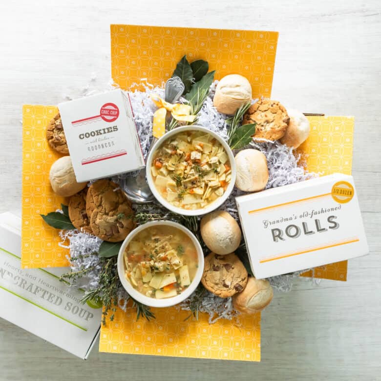 Soup, Cookies, and Rolls in a get well package