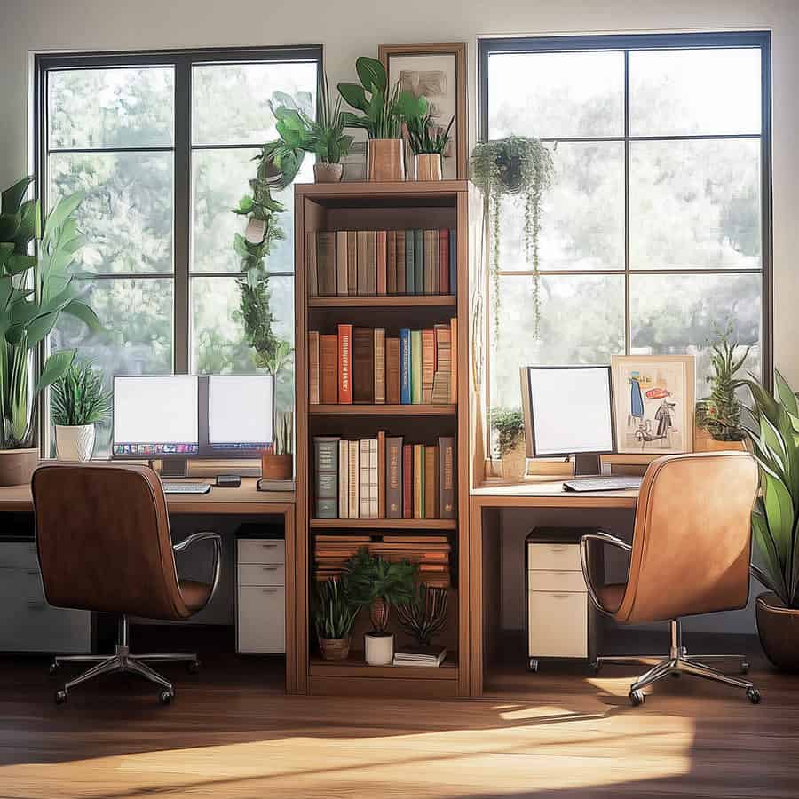 Two desks with a bookshelf between them to add privacy and hold books and plants.