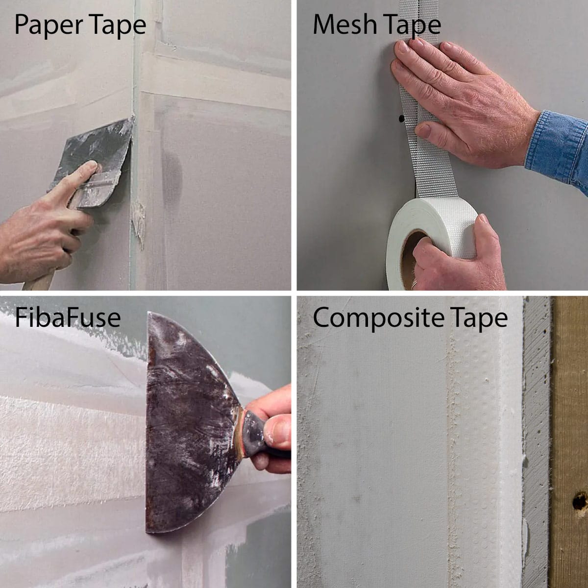 Collage of different types of drywall tape including paper tape, mesh tape, fibafuse, and composite tape.