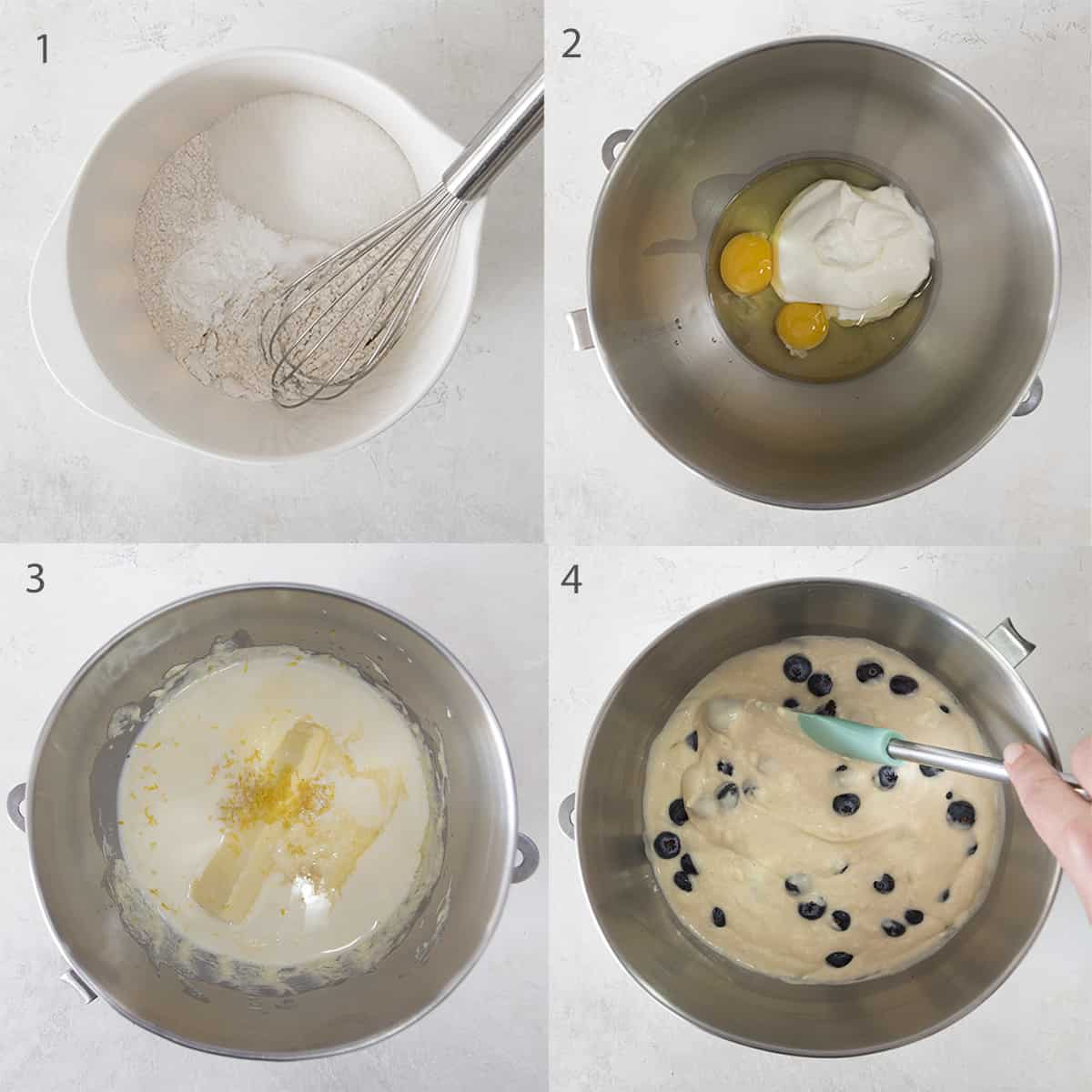 Collage of photos showing assembly of the batter for lemon blueberry muffins.