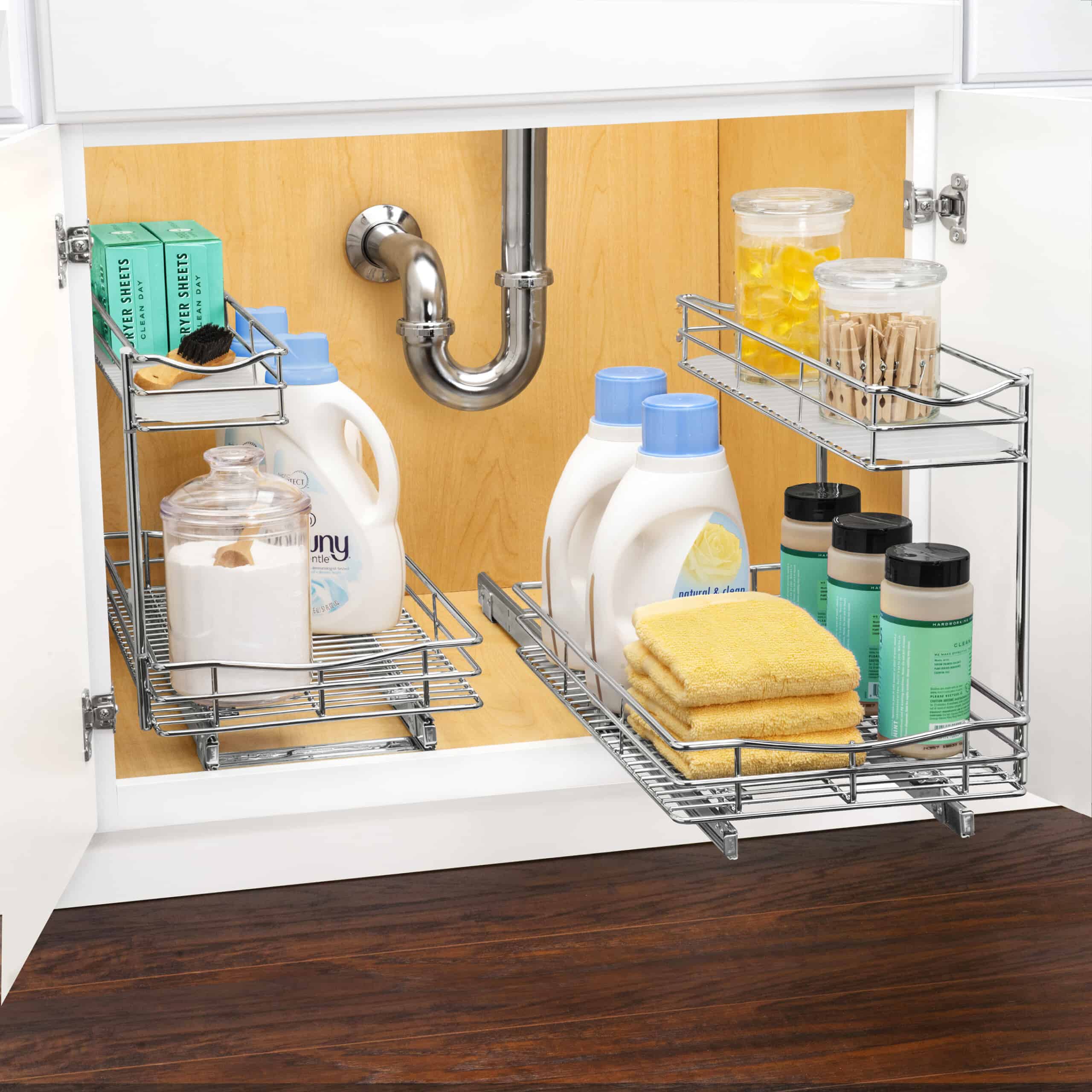 Under sink cabinet organizer for cleaning supplies and chemicals.