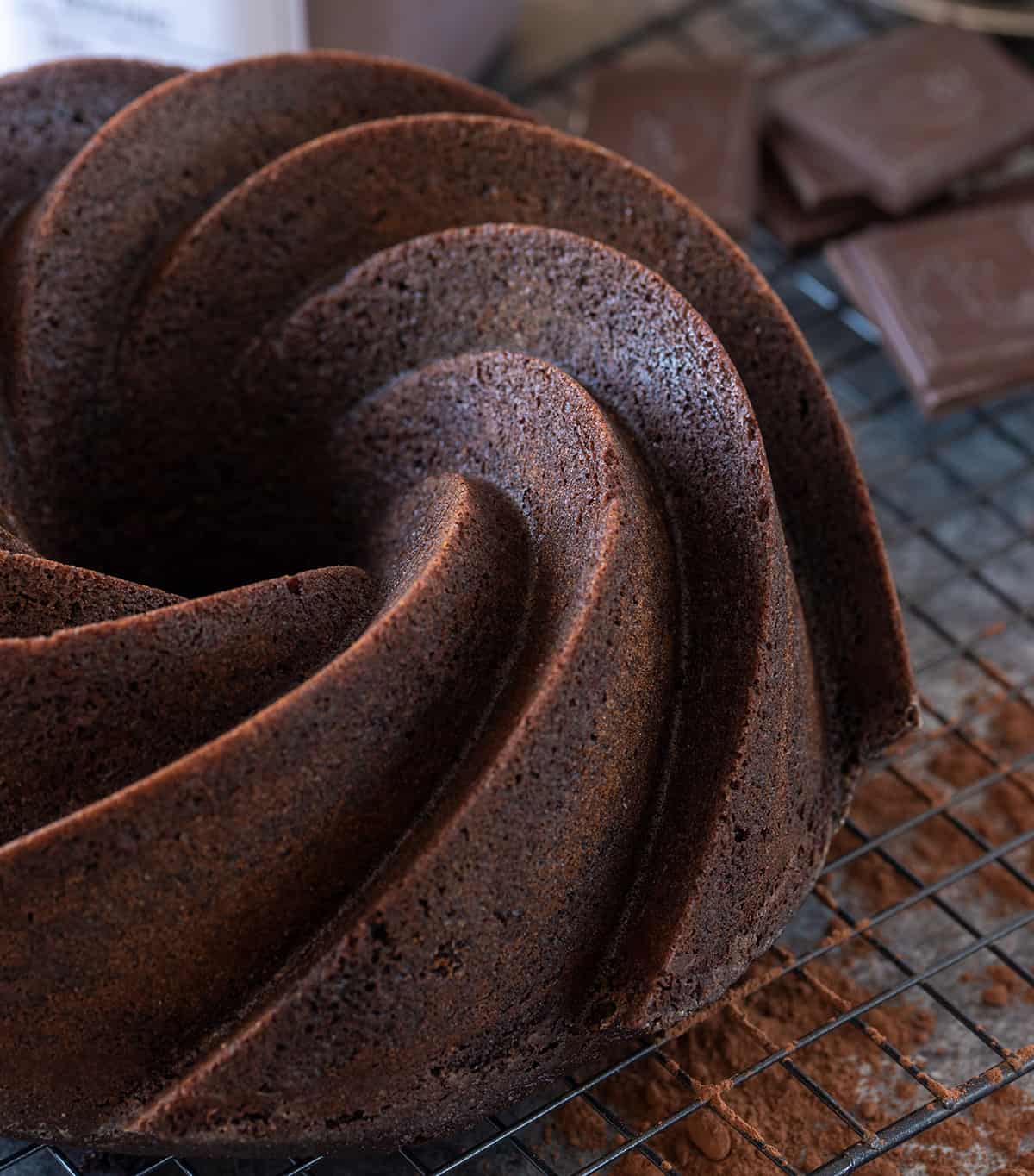 Closeup of a Bundt cake showing the texture and edges after baking.