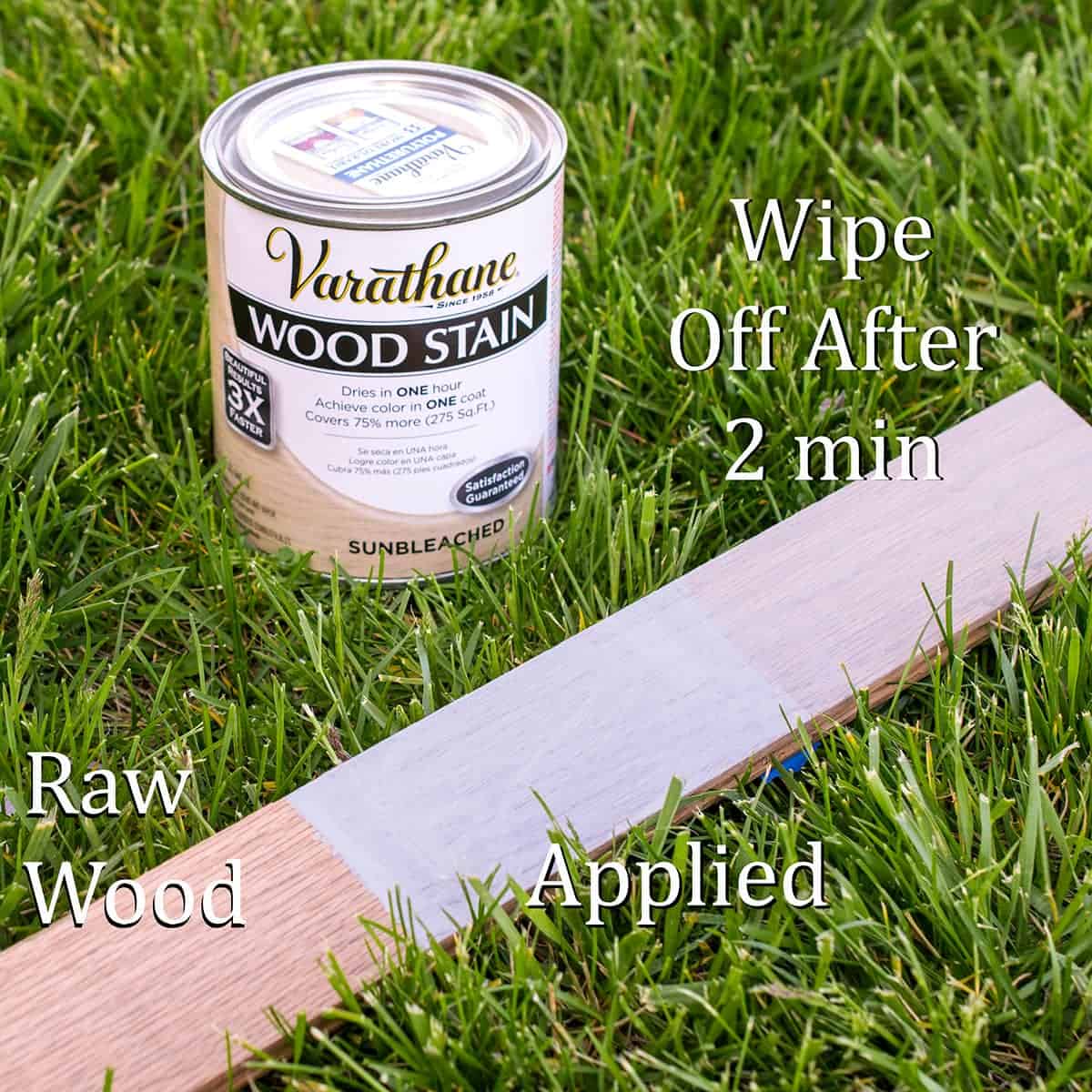 Varathane Sunbleached wood stain can with comparison of product on raw and coated wood plank