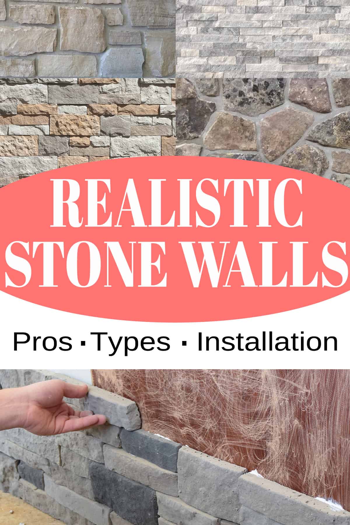 Collage of stone wall cladding including examples of stone veneer an installation.