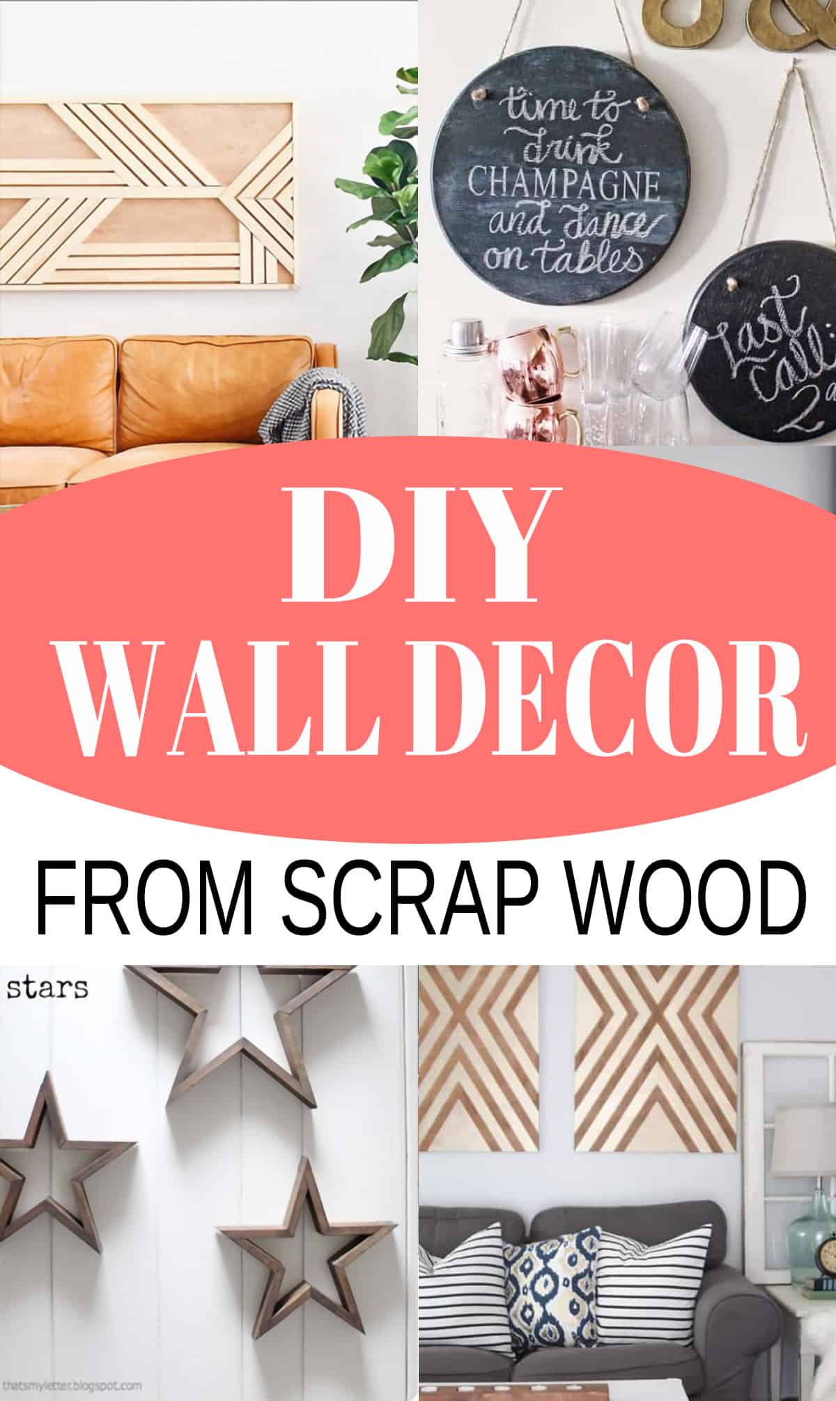 Collage of DIY scrap wood wall decor ideas with post title.