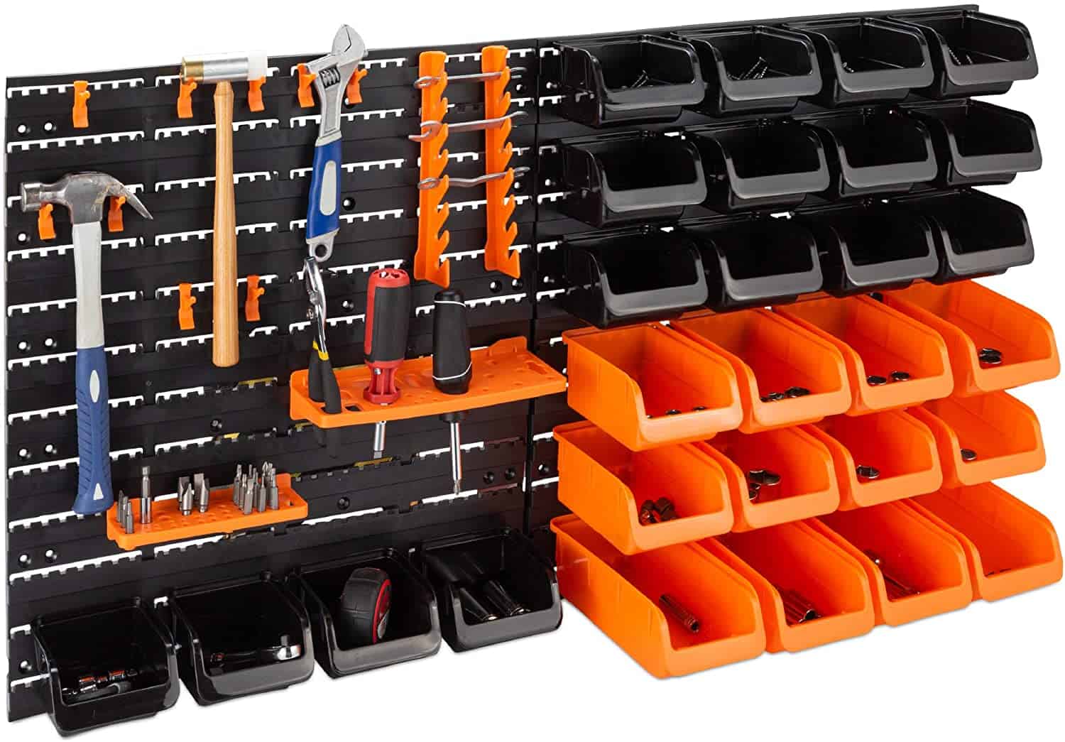 Garage tool wall organizer with small bins for nails, sockets, and other small tools.