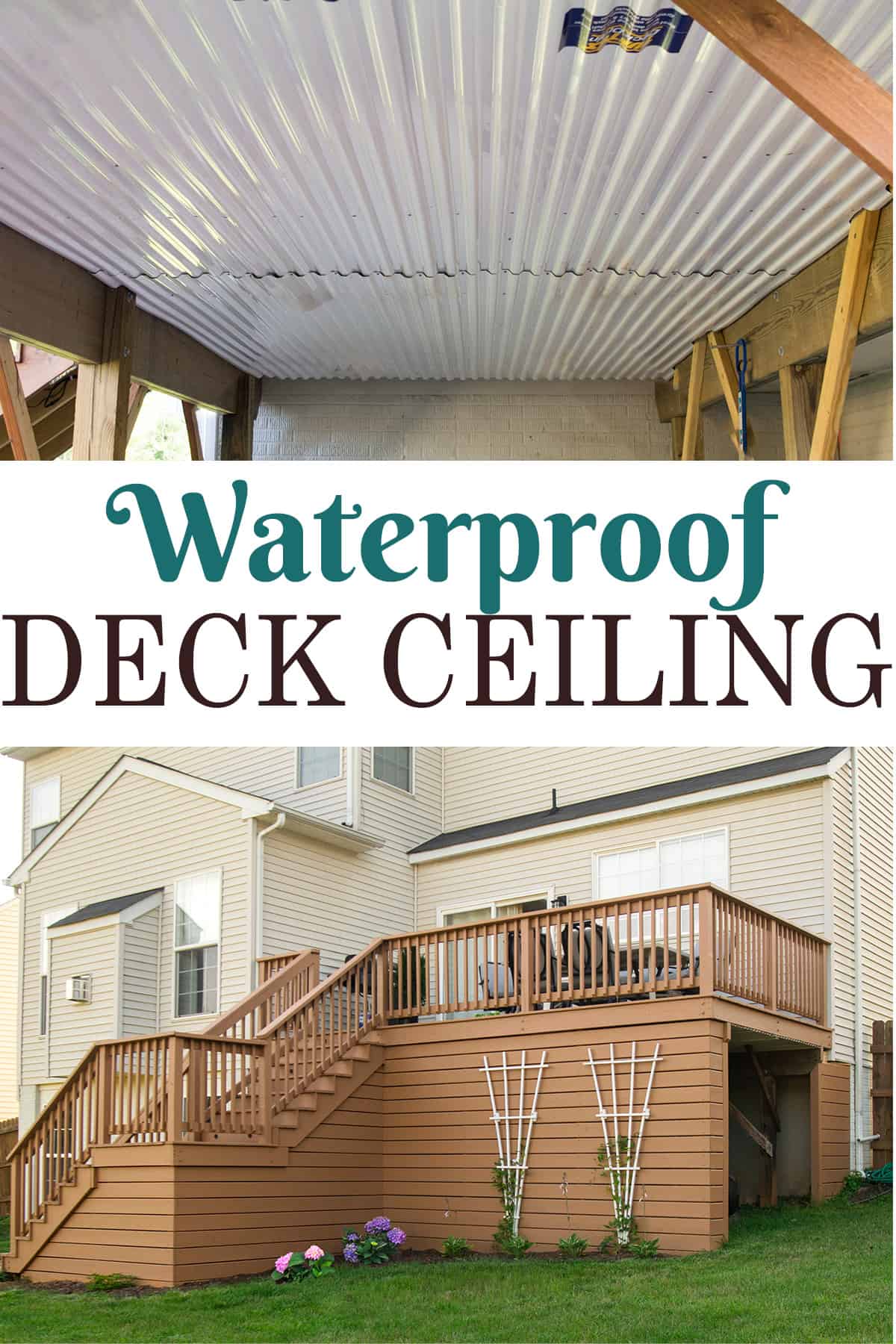 Collage of waterproof deck ceiling drainage system showing the inside and outside of the deck area.