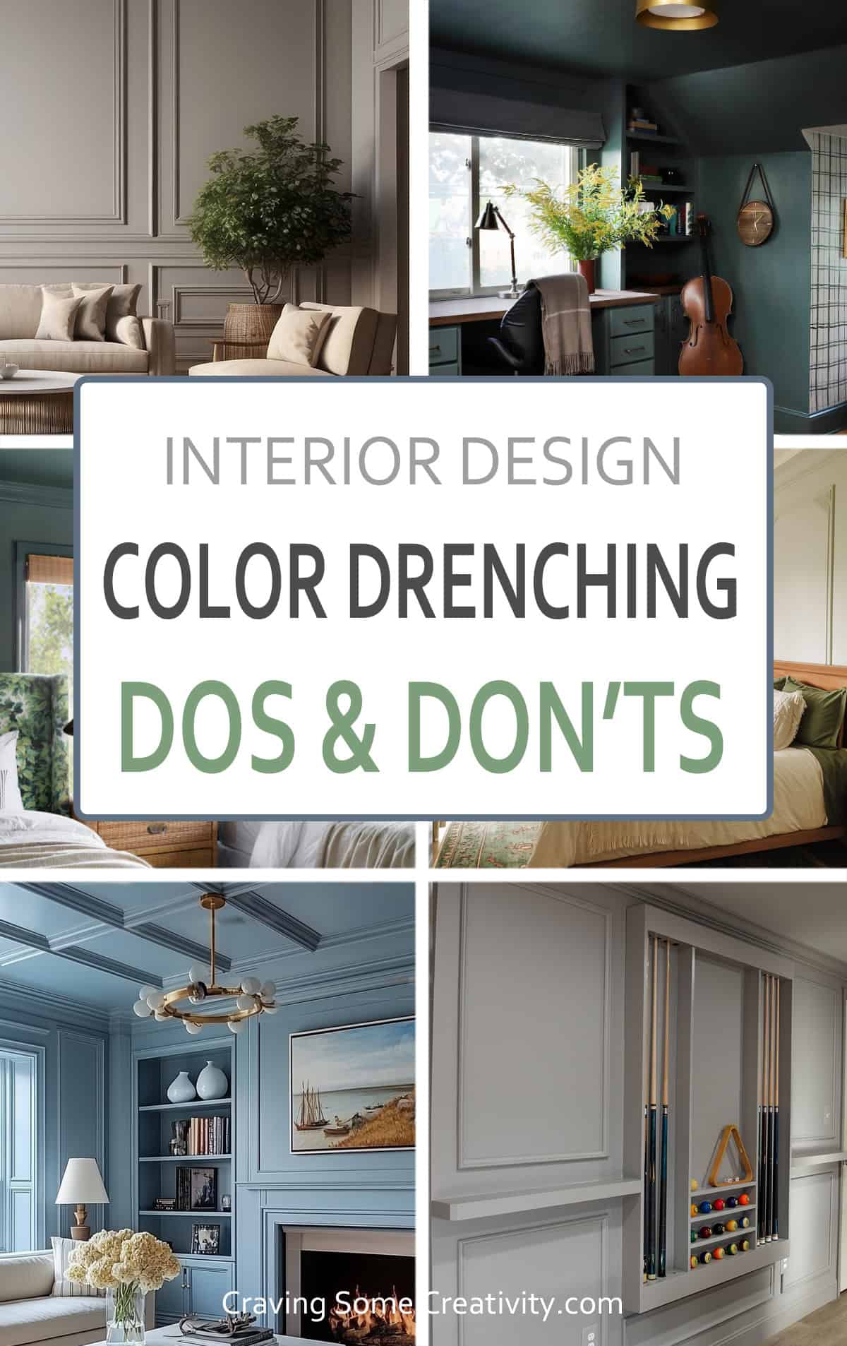 Color drenching ideas in real homes including bedrooms, living rooms, and office with post title overlay.