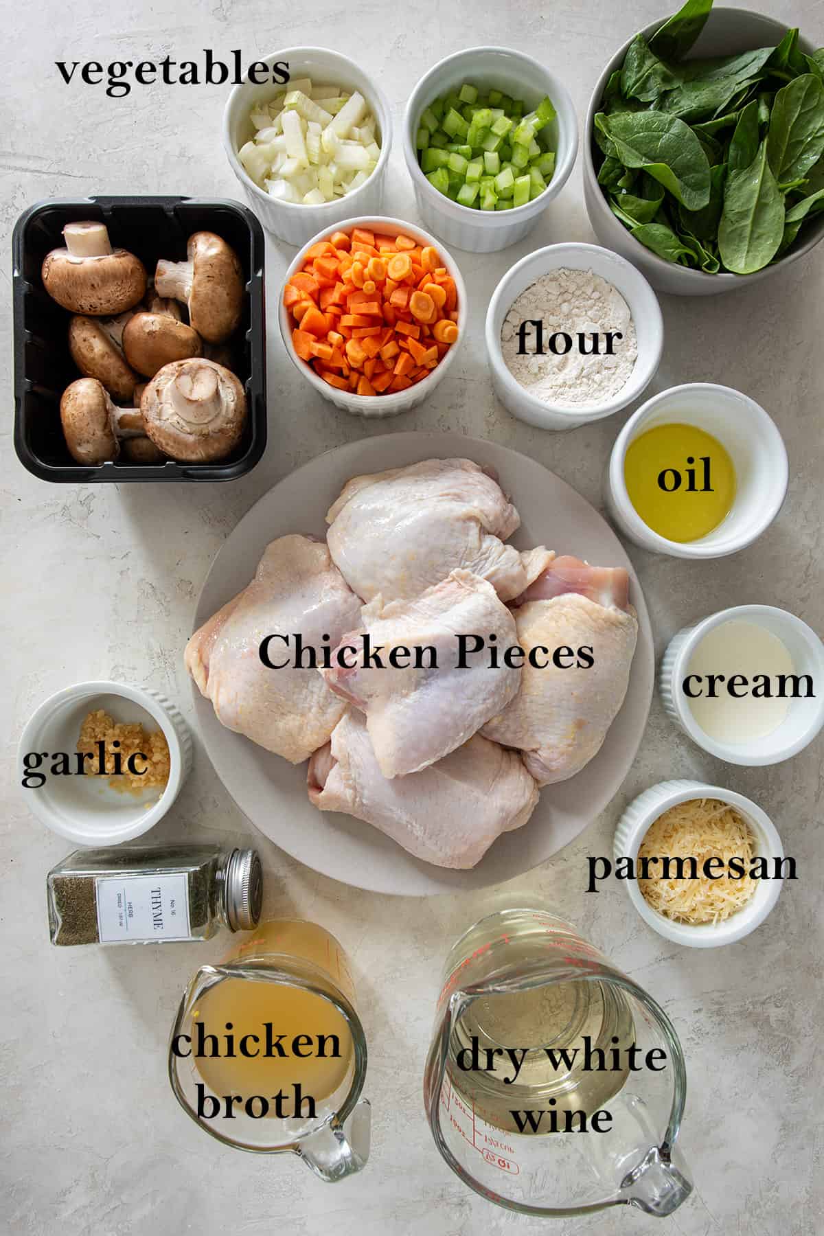 Ingredients to make Chicken in a white wine sauce with vegetables, flour, oil, and cream in dishes with text labels.