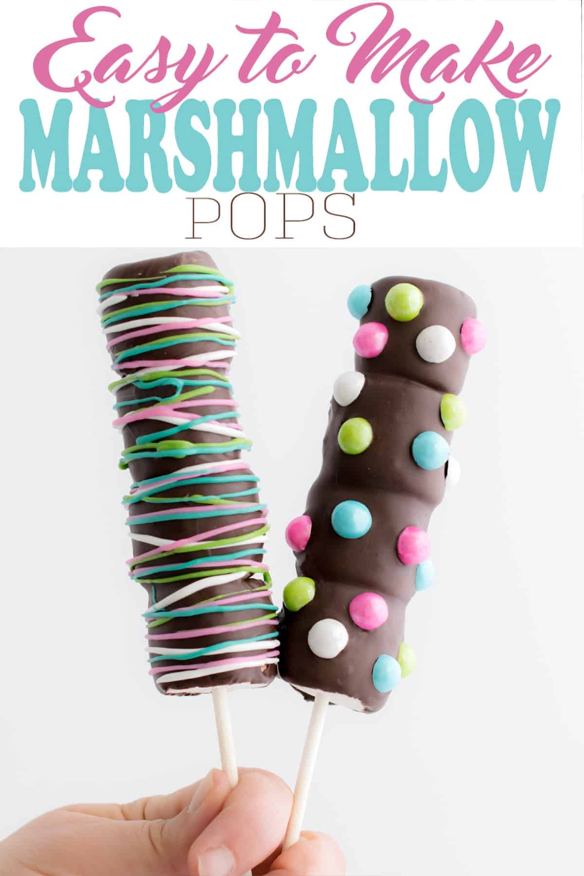 Two decorated marshmallow pop covered in candies and chocolate.